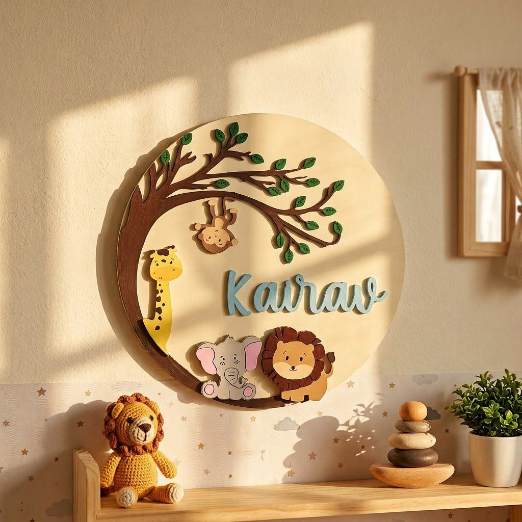 Animal Themed Hand-Painted Wooden Round Kids Name Plate - Design 8
