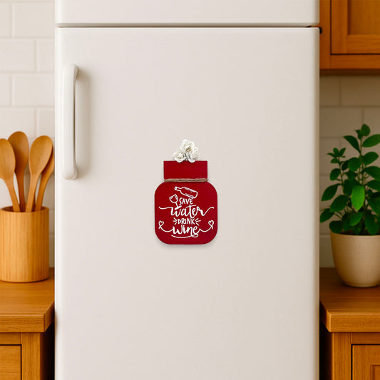Save Water Drink Wine Hand-Painted Wooden Mason Jar Fridge Magnet - Red