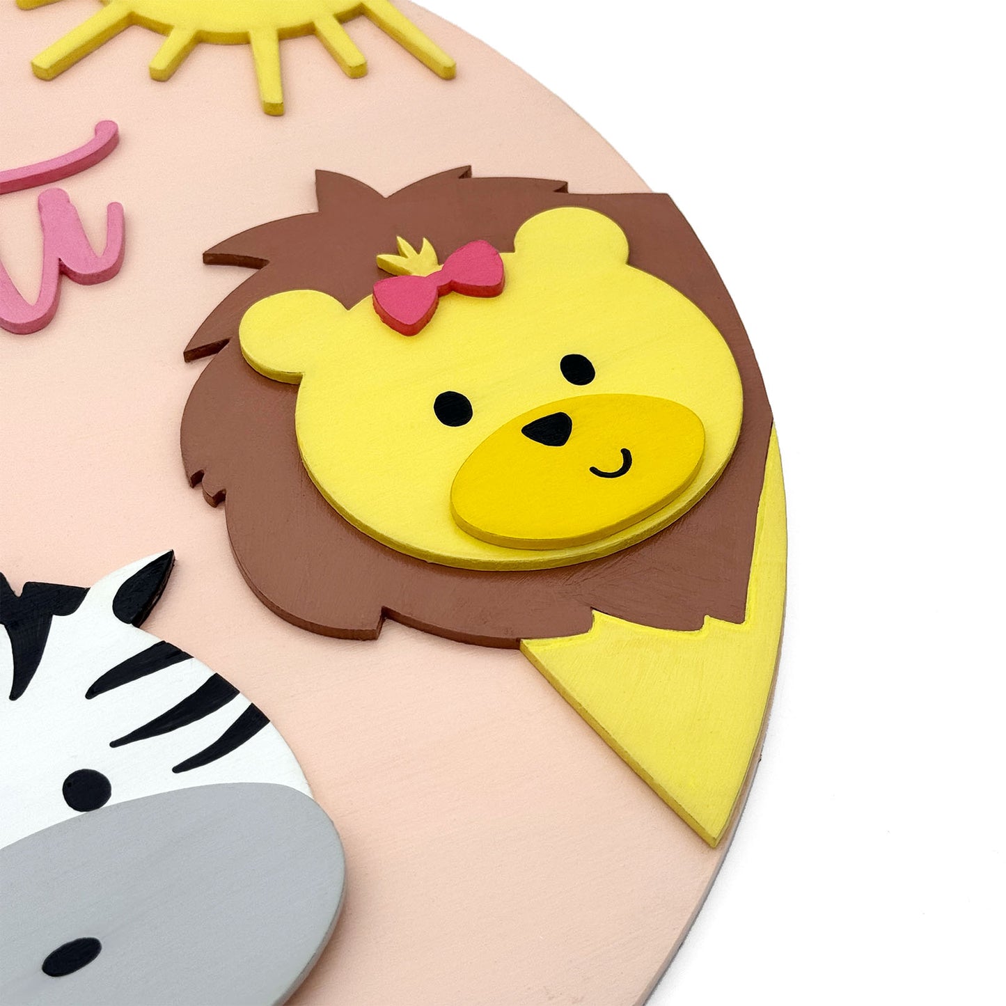 Animal Themed Hand-Painted Wooden Round Kids Name Plate - Design 1