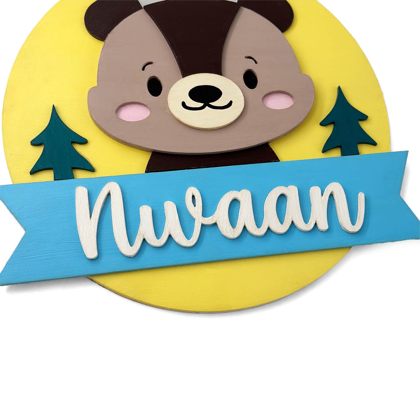 Bear Themed Hand-Painted Wooden Round Kids Name Plate - Design 2
