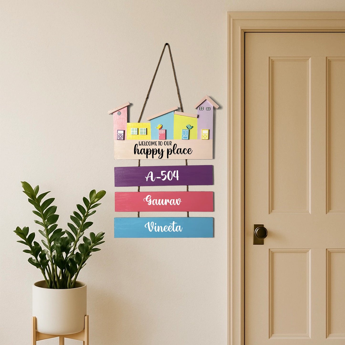 Hut-Shaped Hand-Painted Wooden Name Plate For Home - Hut Board & Three Planks Design 2