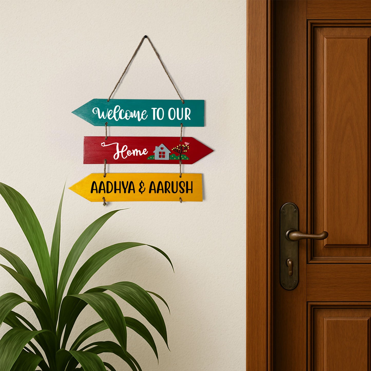 Welcome To Our Home Hand-Painted Wooden Three Arrow Plank Name Plate For Home - Multicolor