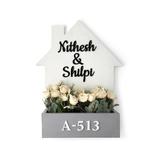 Hut-Shaped Hand-Painted Wooden Planter Name Plate For Home - White & Grey