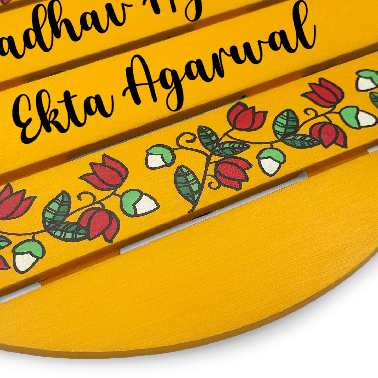 Lotus Creeper Artwork Hand-Painted Wooden Madhubani Round Name Plate For Home