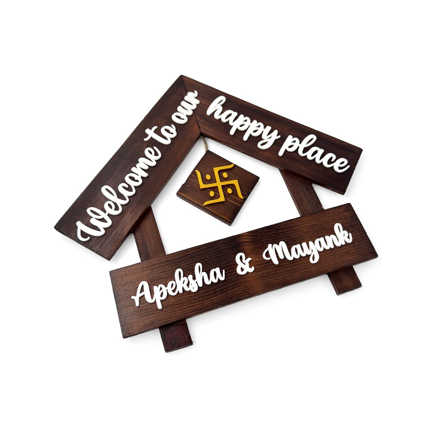 House With Roof And Single PlankHand-Painted Wooden Hut-Shaped Name Plate For Home - Wooden Finish