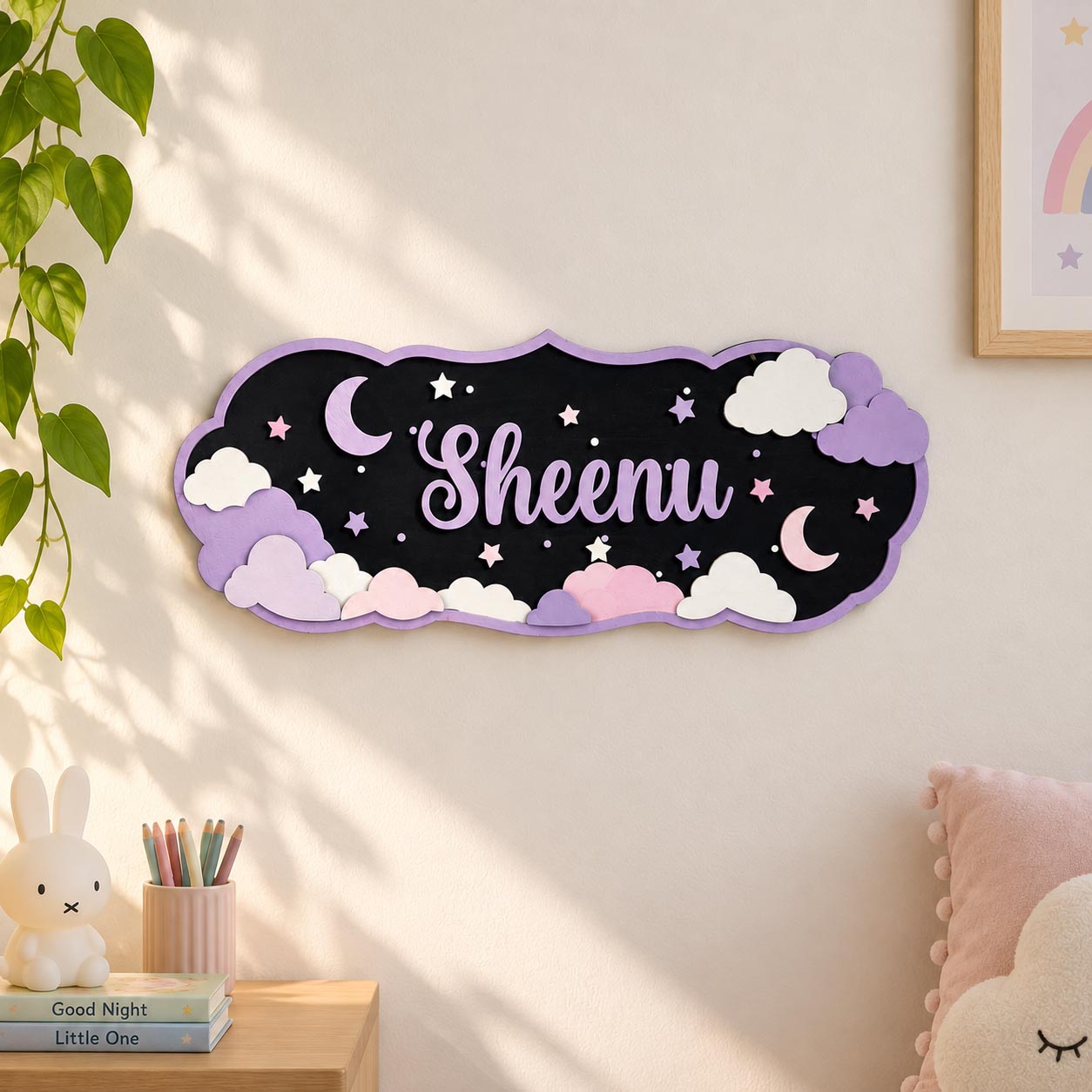 Moon, Clouds & Stars Themed Hand-Painted Wooden Kids Name Plate - Design 1