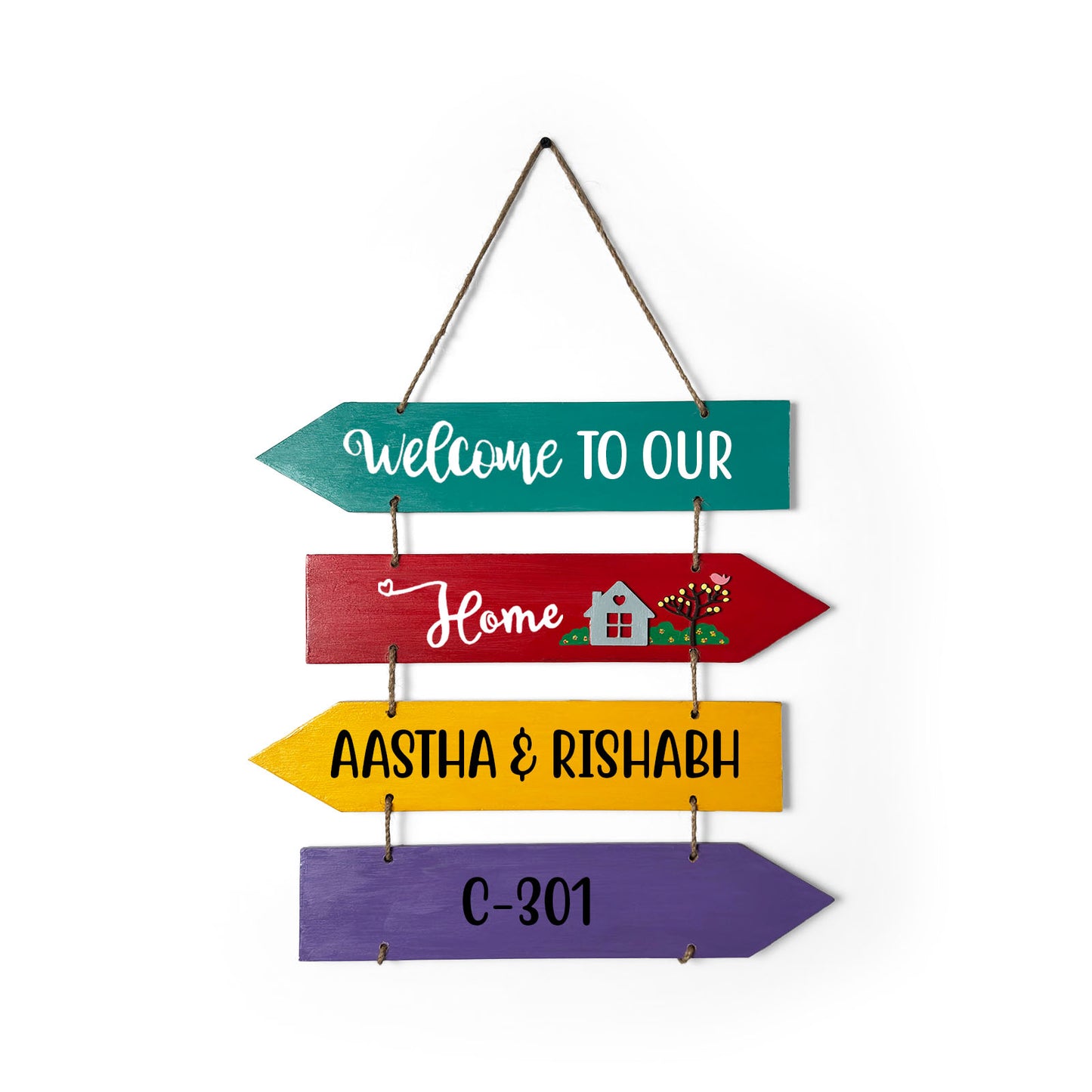 Welcome To Our Home Hand-Painted Wooden Four Arrow Plank Name Plate For Home - Multicolor