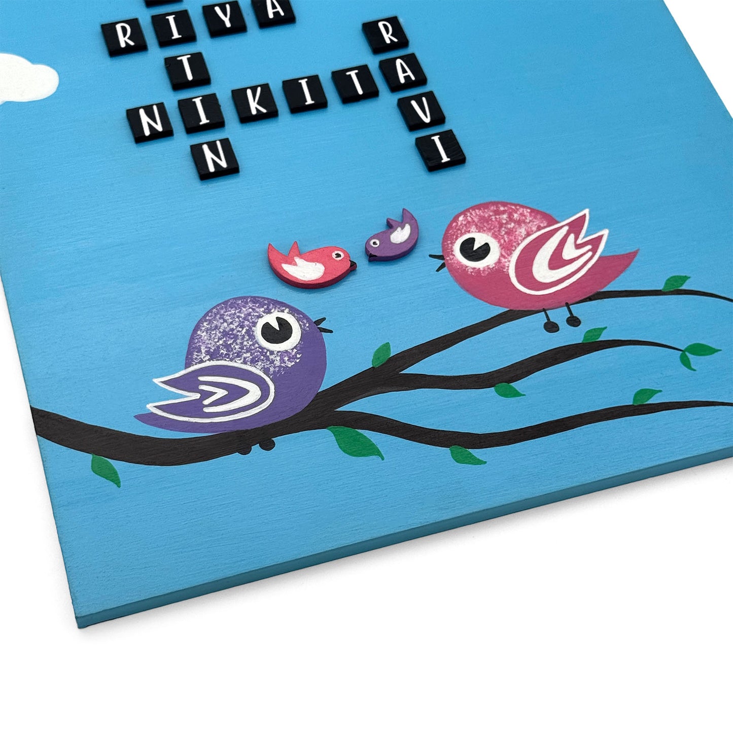 Crossword & Birds Themed Hut-Shaped Hand-Painted Wooden Name Plate For Home - Blue