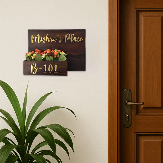 Rectangular Hand-Painted Wooden Planter Name Plate For Home - Wooden Finish