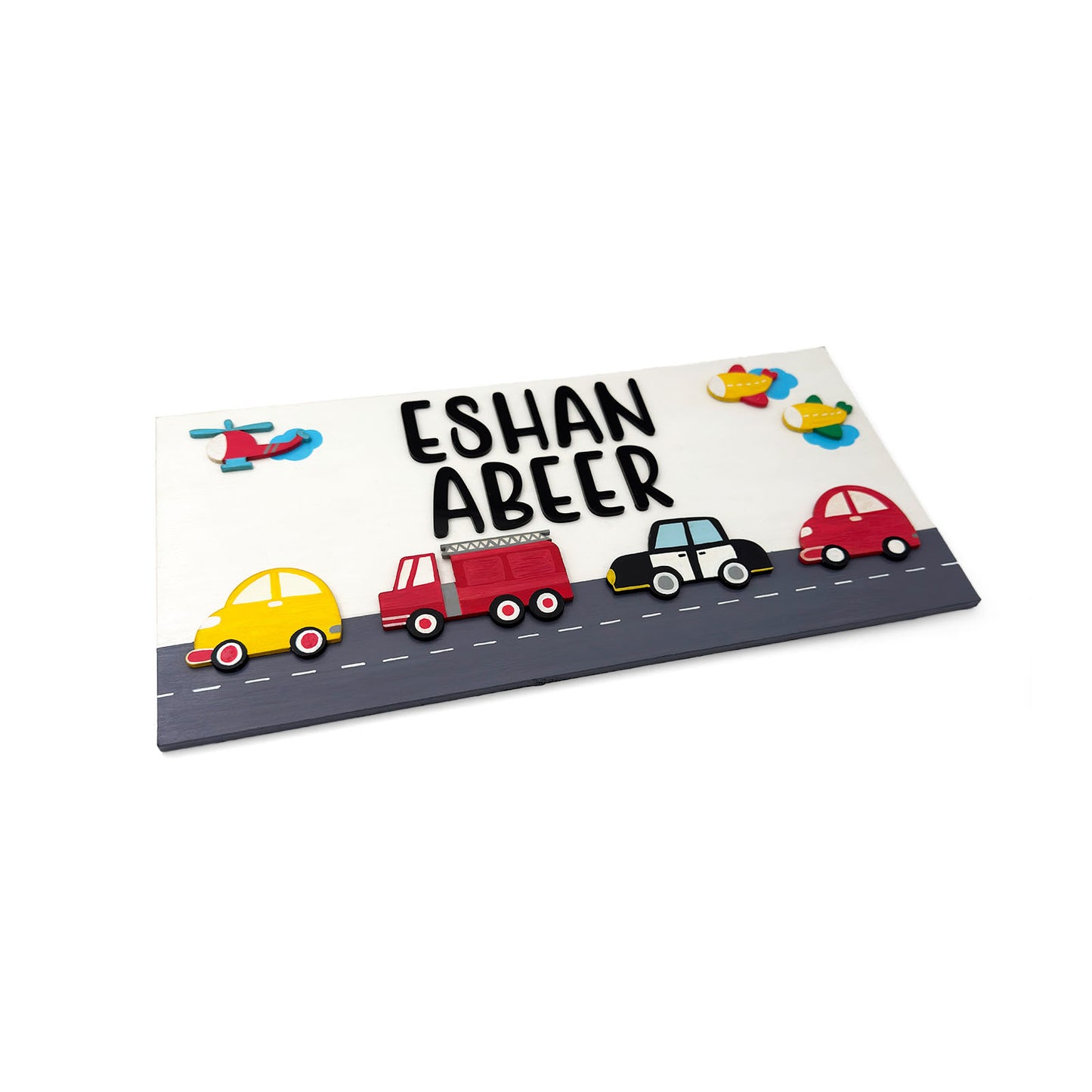 Vehicles Themed Hand-Painted Wooden Kids Name Plate - White