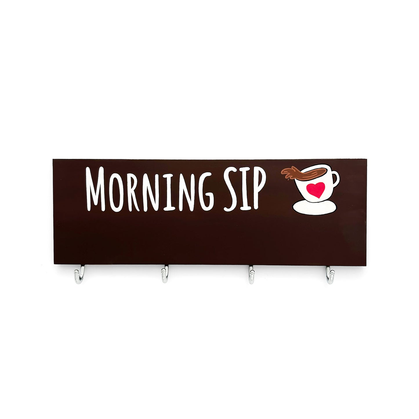 Morning SIP Hand-Painted Wooden Kitchen Mug Holder - Brown
