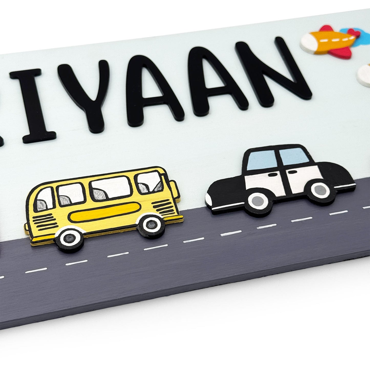 Vehicles Themed Hand-Painted Wooden Kids Name Plate - Light Blue