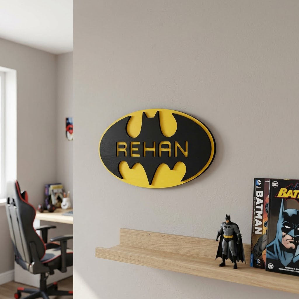 Batman Themed Hand-Painted Wooden Kids Name Plate