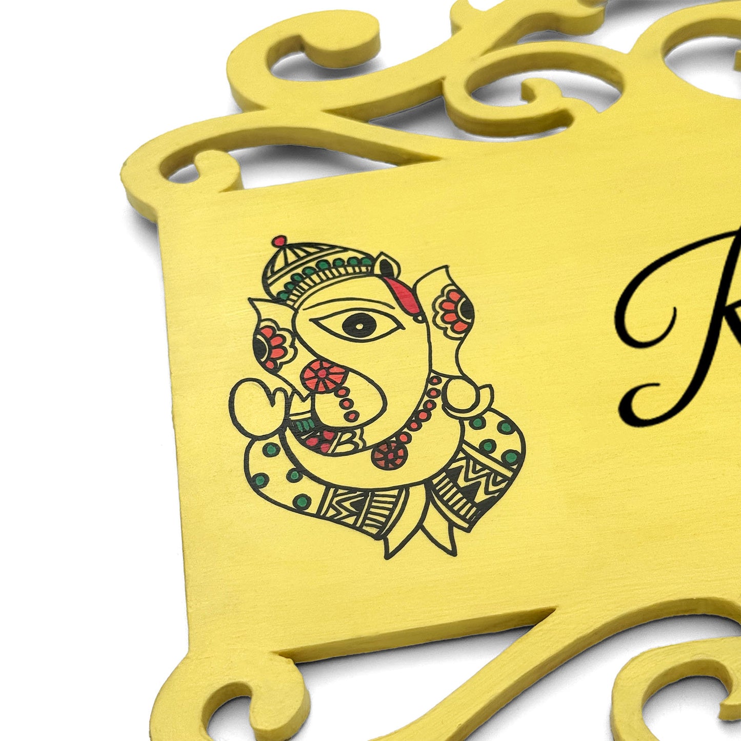 Ganesha Artwork Hand-Painted Wooden Madhubani Name Plate For Home