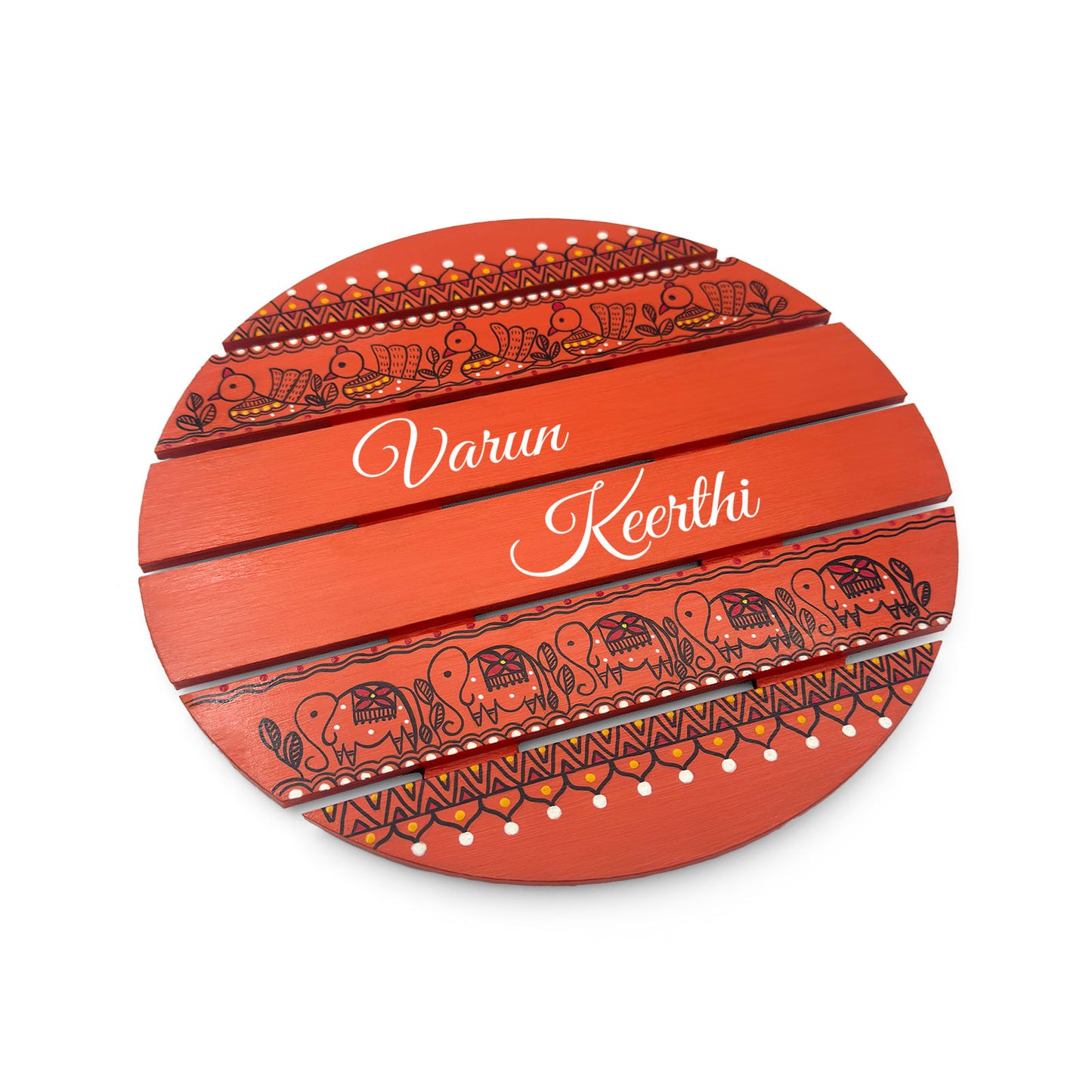 Peacock & Elephant Artwork Hand-Painted Wooden Madhubani Round Name Plate For Home
