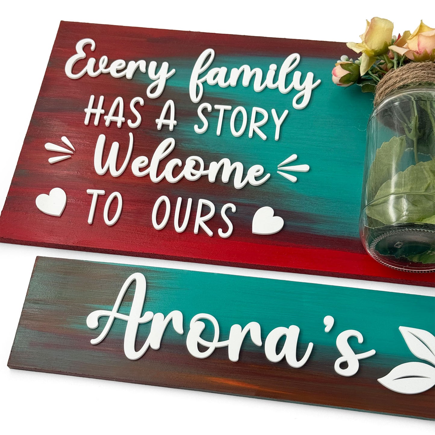 Every Family Has A Story Welcome To Ours Hand-Painted Wooden Name Plate With Jar For Home - Jar Board & One Plank