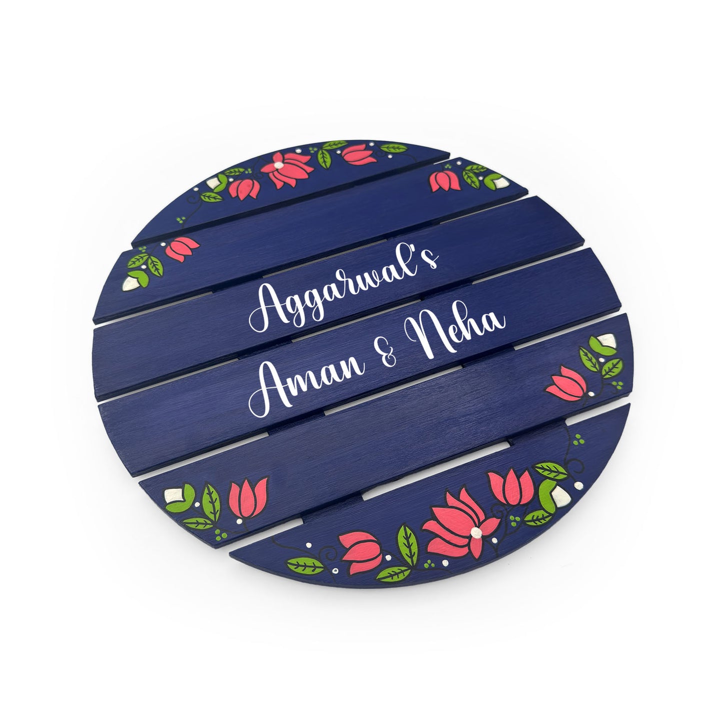 Lotus Artwork Hand-Painted Wooden Madhubani Round Name Plate For Home
