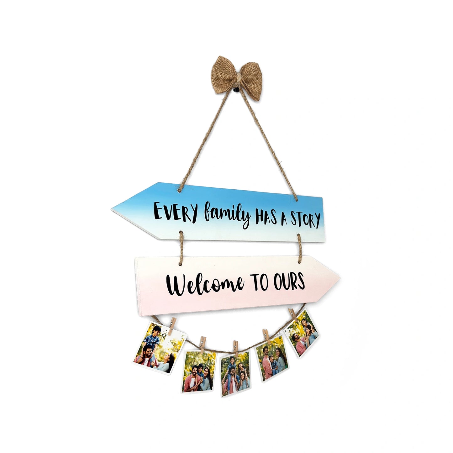 Welcome Hand-Painted Wooden Photo Holder - Blue & Pink