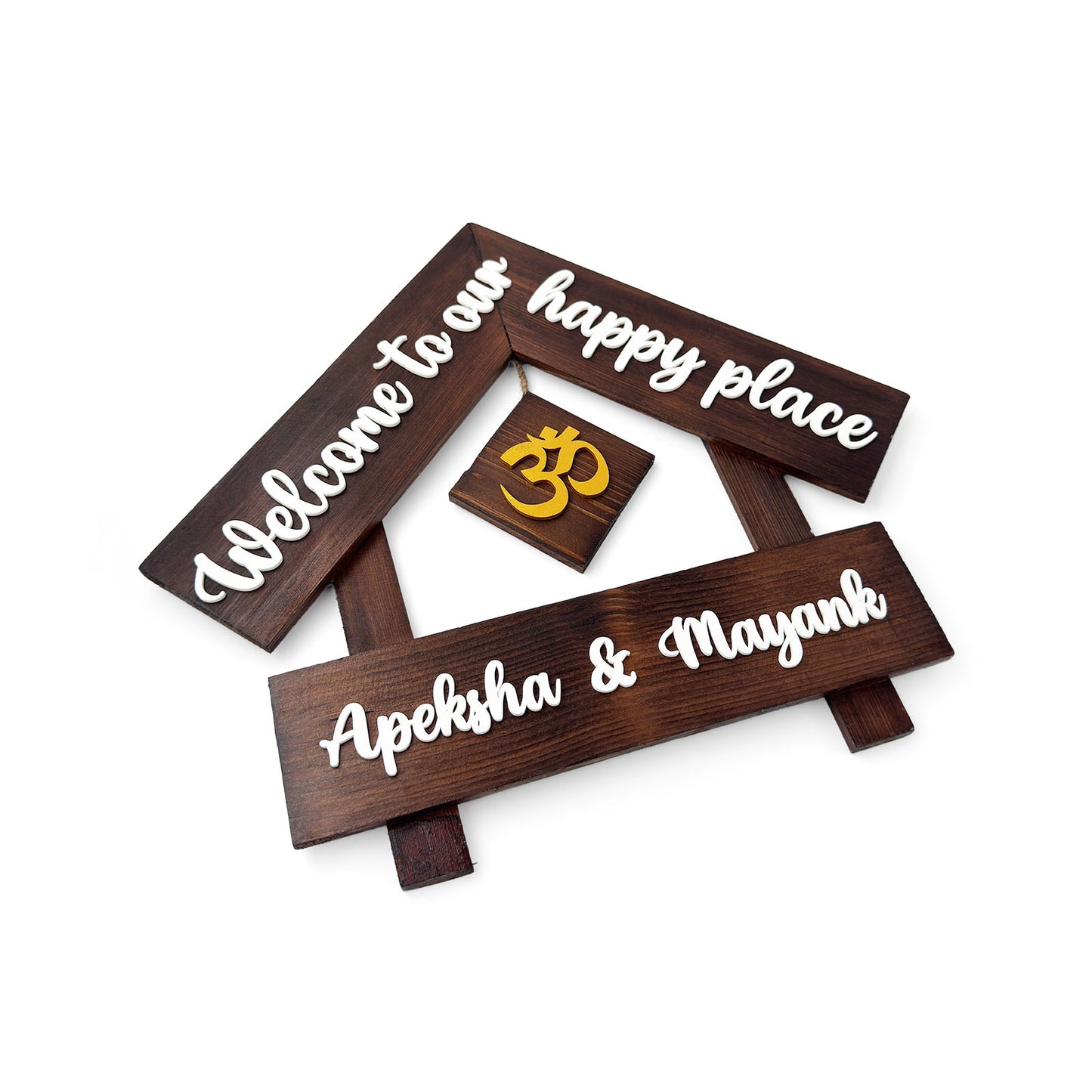 House With Roof And Single PlankHand-Painted Wooden Hut-Shaped Name Plate For Home - Wooden Finish