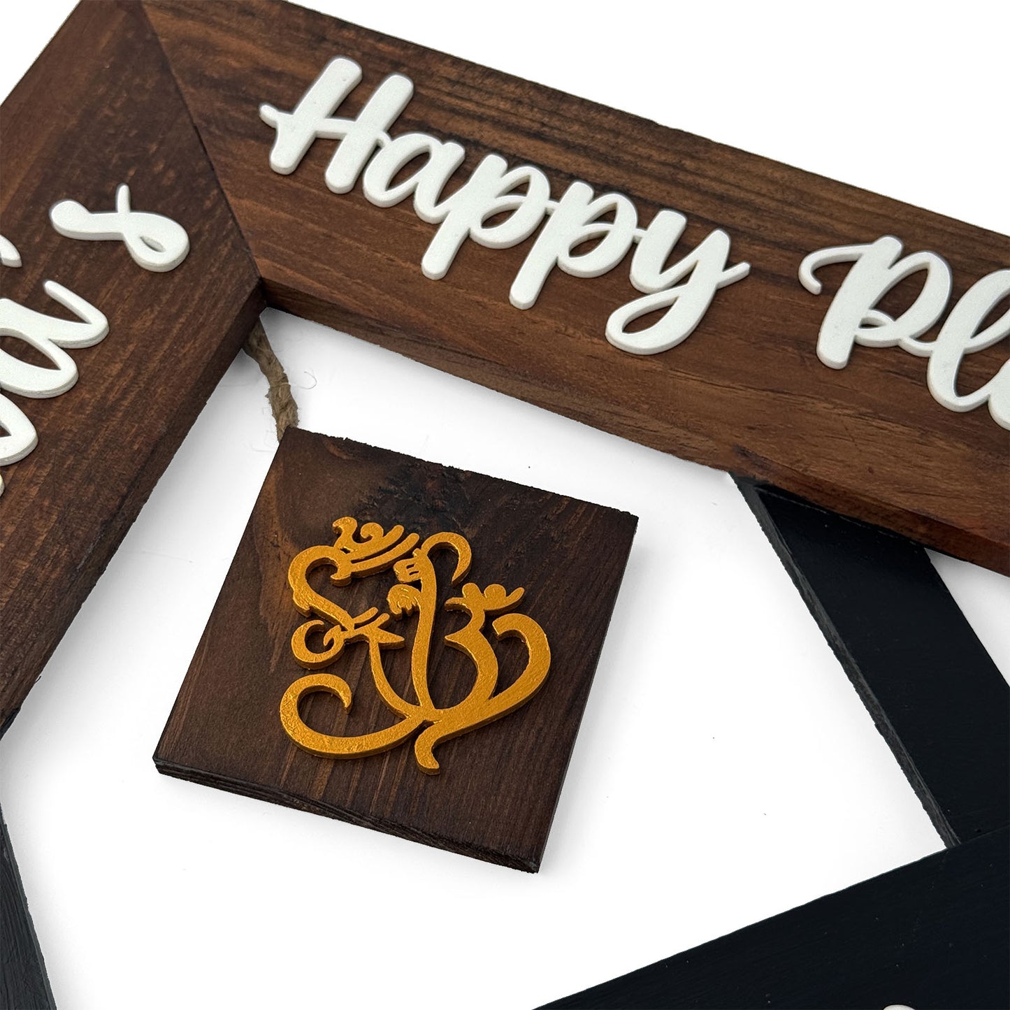 House With Roof And Double Plank Hand-Painted Wooden Hut-Shaped Name Plate For Home - Black & Wooden Finish