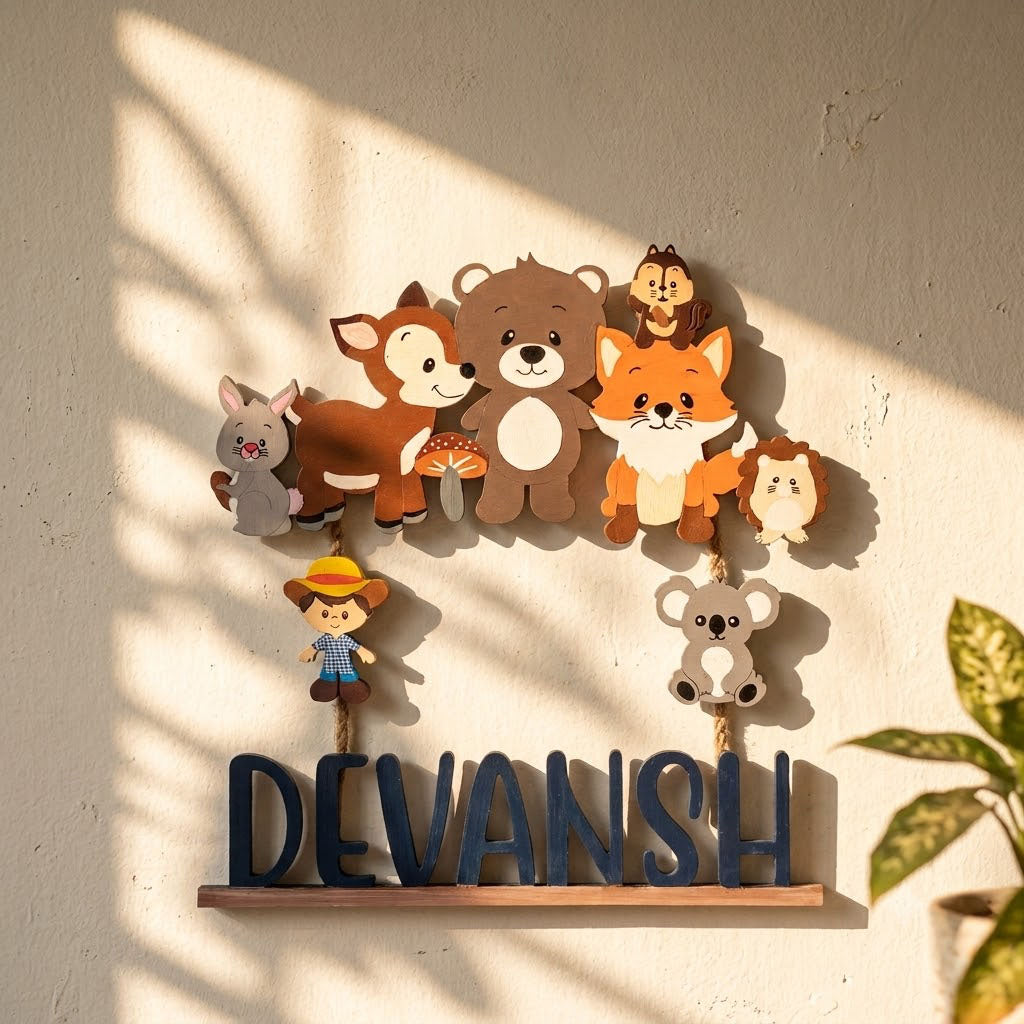Animal Themed Hand-Painted Wooden Kids Name Plate - Design 6
