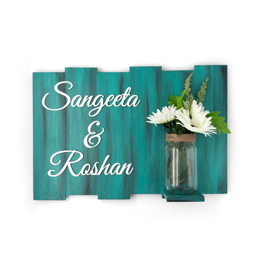 Teal Hand-Painted Wooden Name Plate With Jar For Home - Design 2