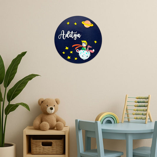 Space Themed Hand-Painted Wooden Round Kids Name Plate - Design 4