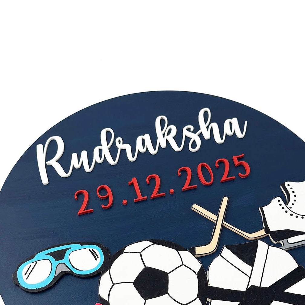 Sports Themed Hand-Painted Wooden Round Kids Name Plate - Design 1