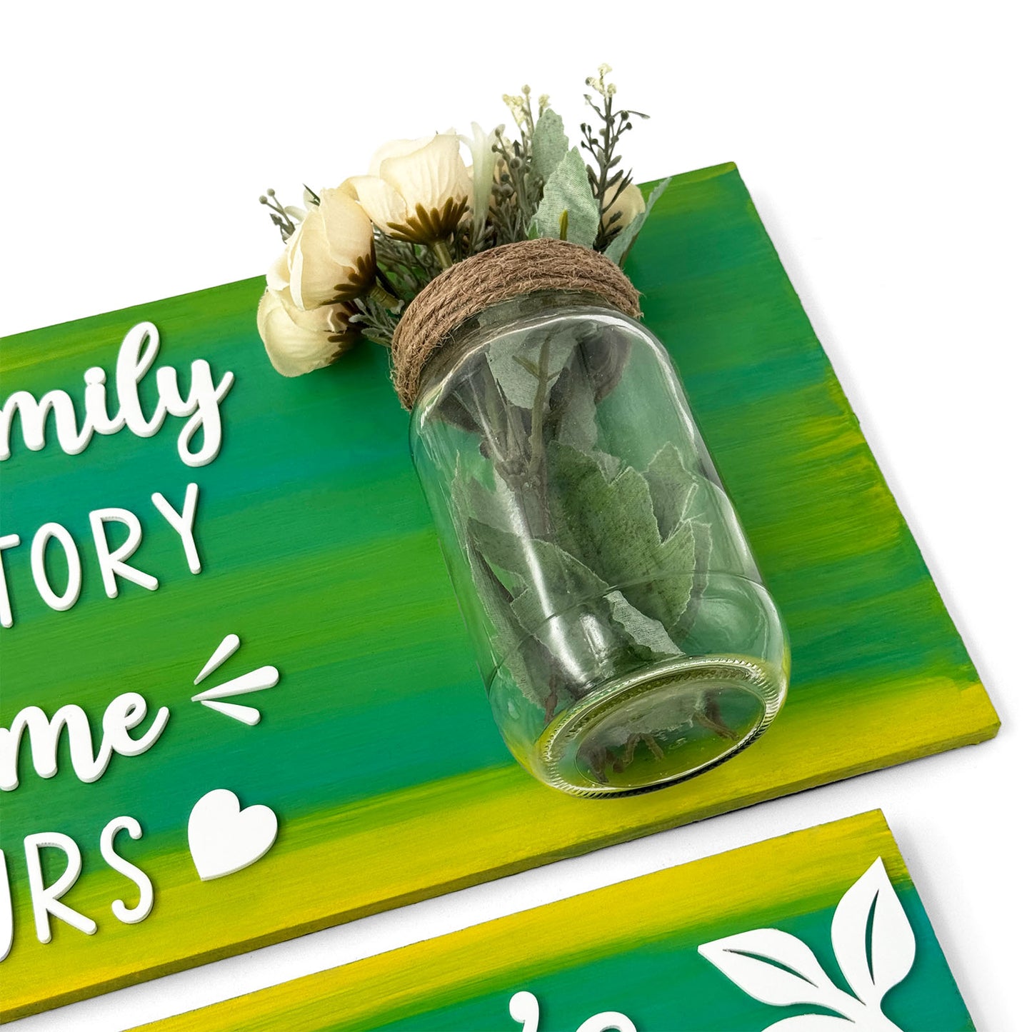 Every Family Has A Story Welcome To Ours Hand-Painted Wooden Name Plate With Jar For Home - Jar Board & One Plank