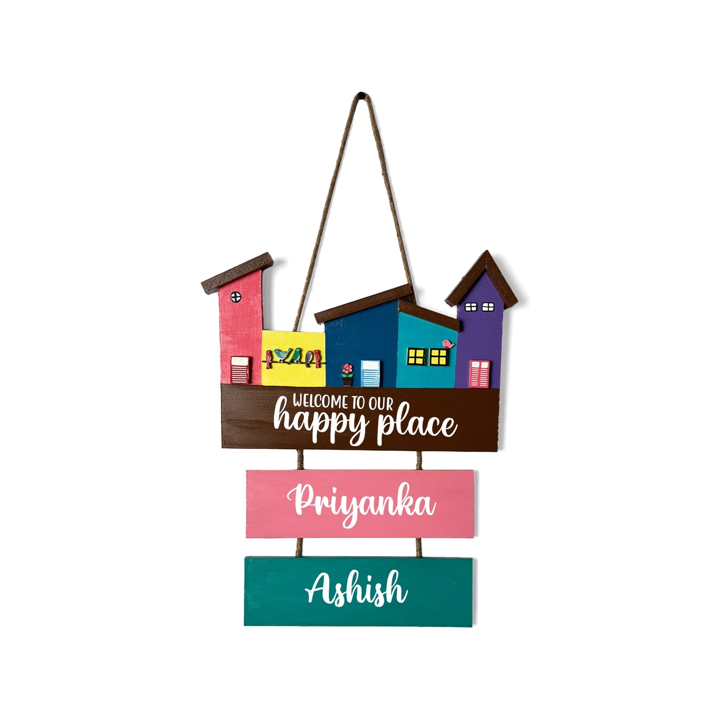 Hut-Shaped Hand-Painted Wooden Name Plate For Home - Hut Board & Two Planks Design 6