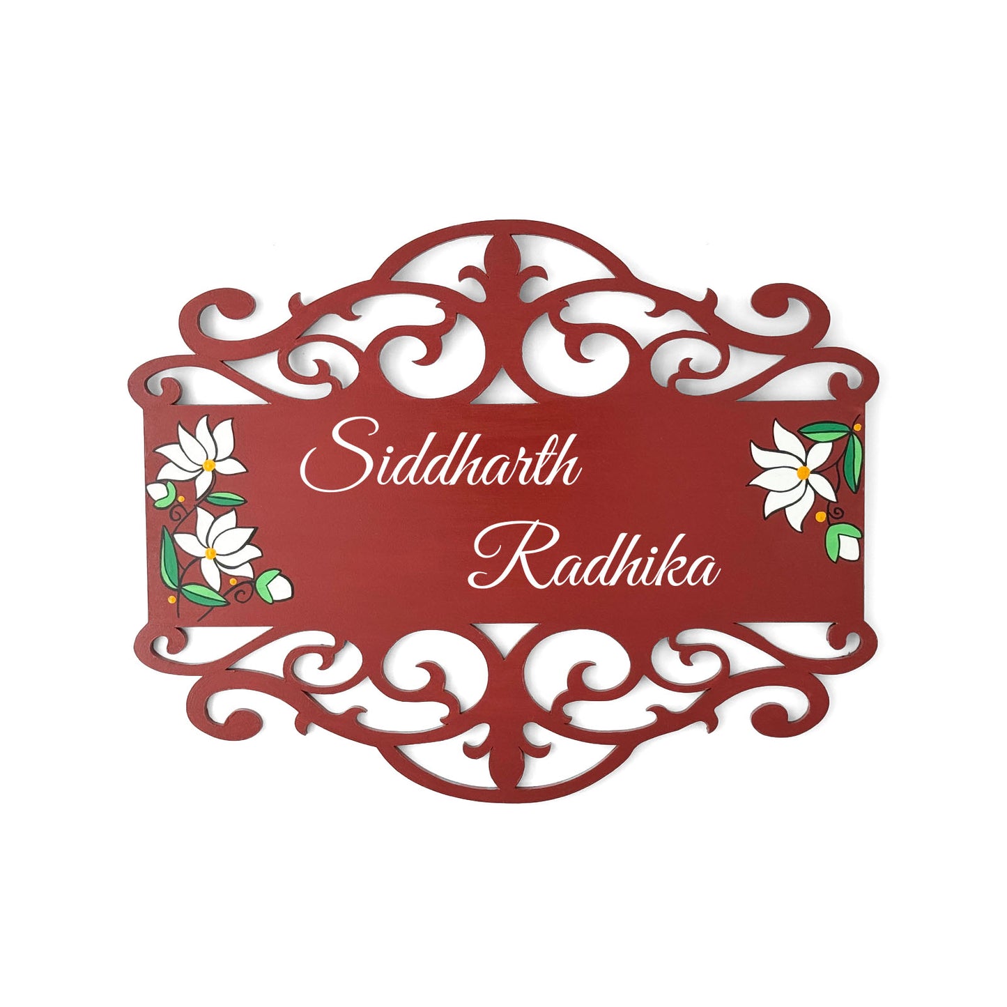 Lotus Artwork Hand-Painted Wooden Madhubani Name Plate For Home