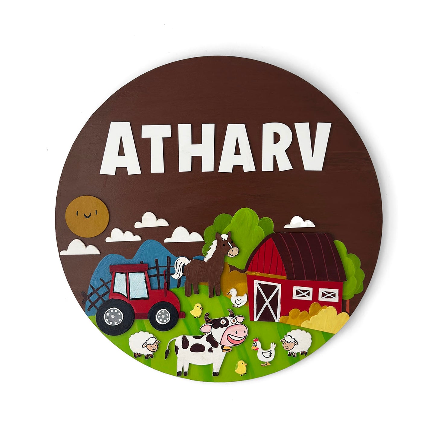 Farm Animals Themed Hand-Painted Wooden Round Kids Name Plate - Design 1