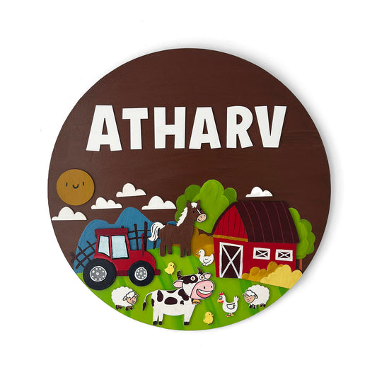 Farm Animals Themed Hand-Painted Wooden Round Kids Name Plate - Design 1