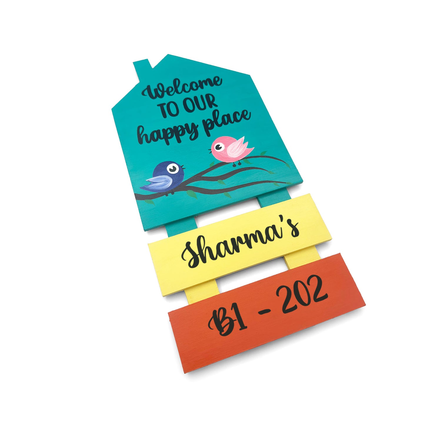 Birds Themed Hut-Shaped Hand-Painted Wooden Name Plate For Home - Hut & Two Planks