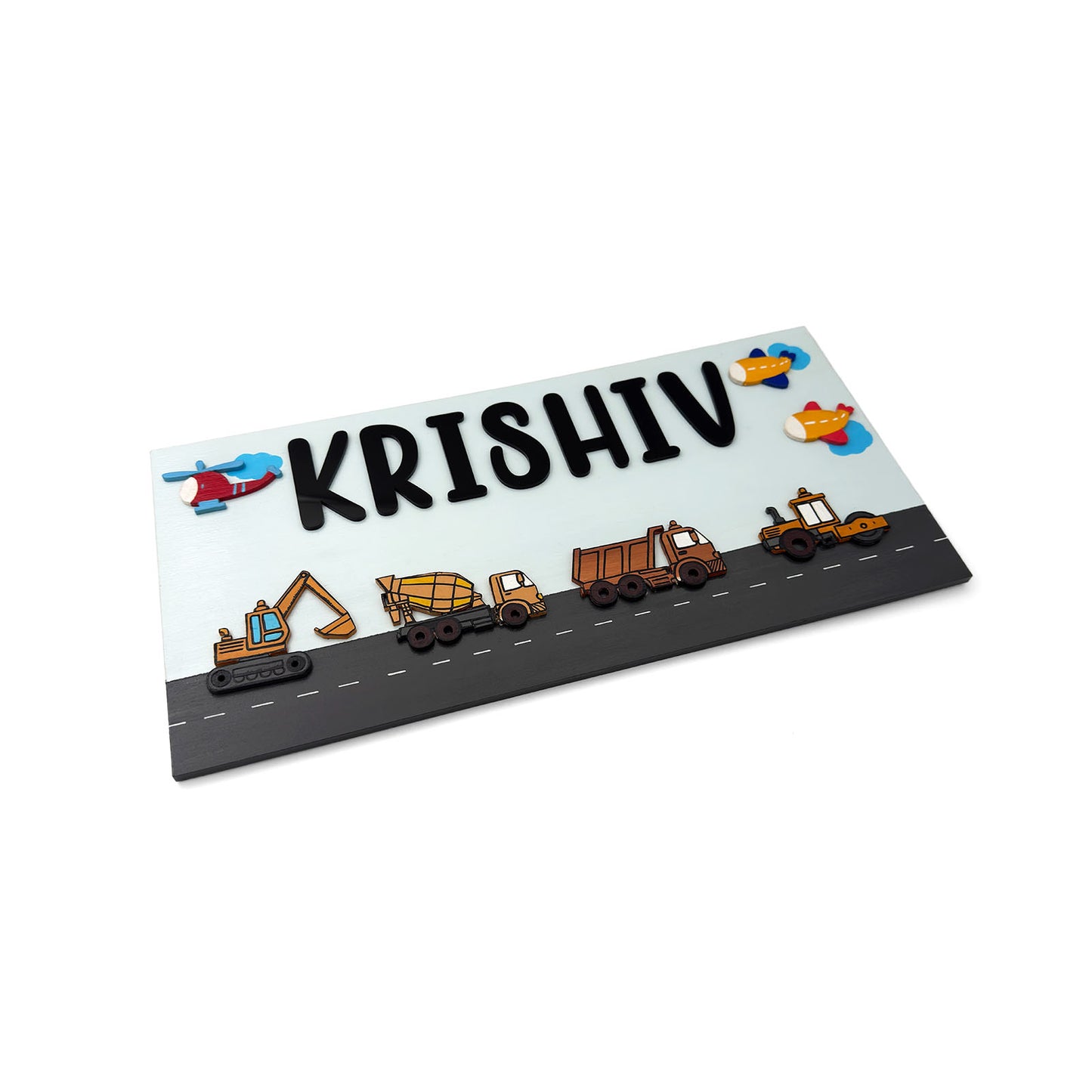 Construction Vehicles Themed Hand-Painted Wooden Kids Name Plate - Light Blue