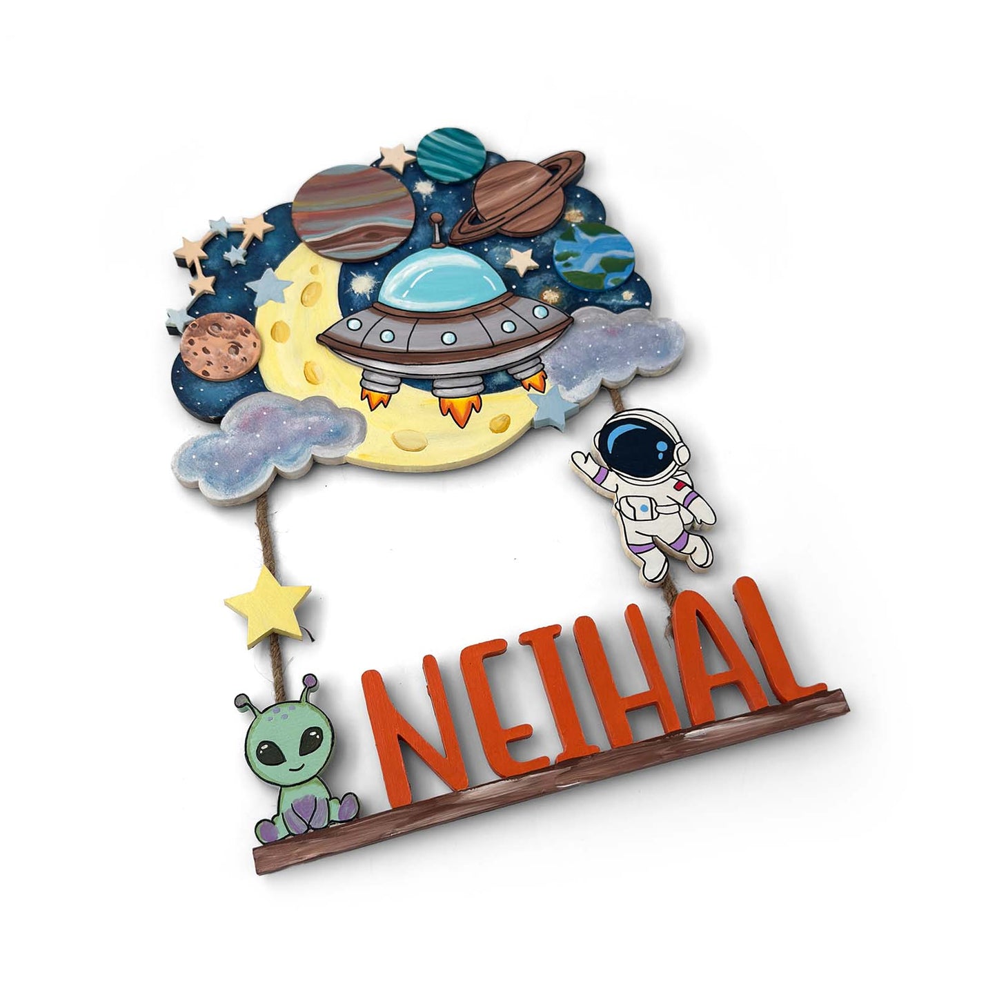 Space Themed Hand-Painted Wooden Kids Name Plate - Design 2