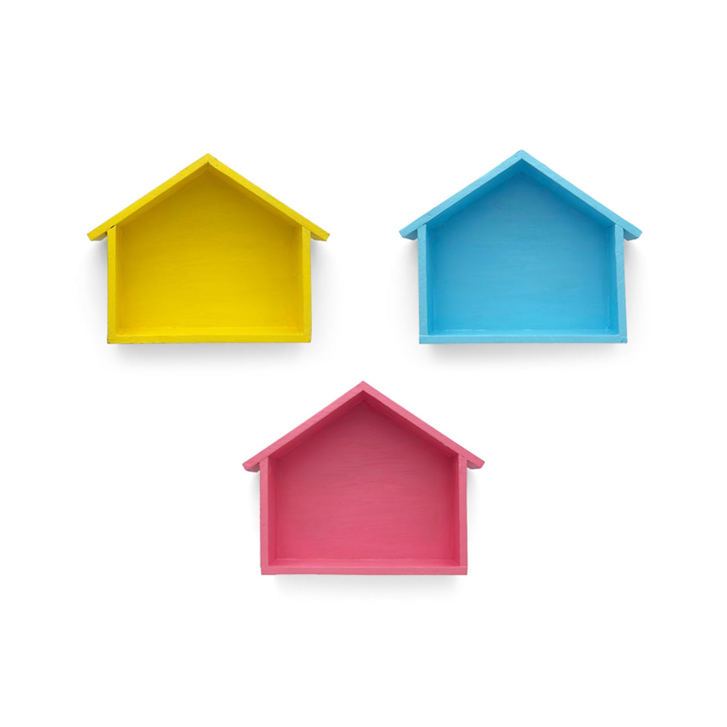 Hut Shaped Hand-Painted Wooden Wall Shelf Combo Of Three - Blue, Pink, & Yellow