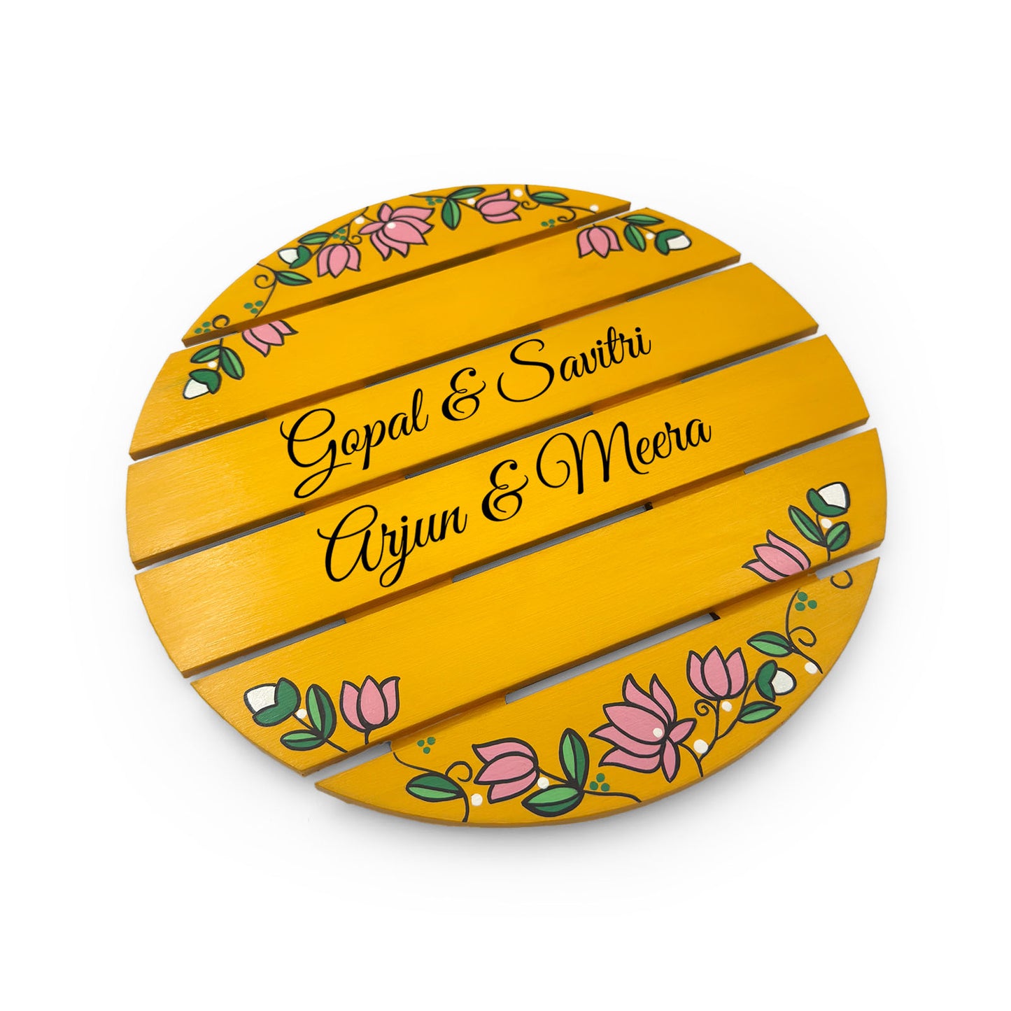 Lotus Artwork Hand-Painted Wooden Madhubani Round Name Plate For Home
