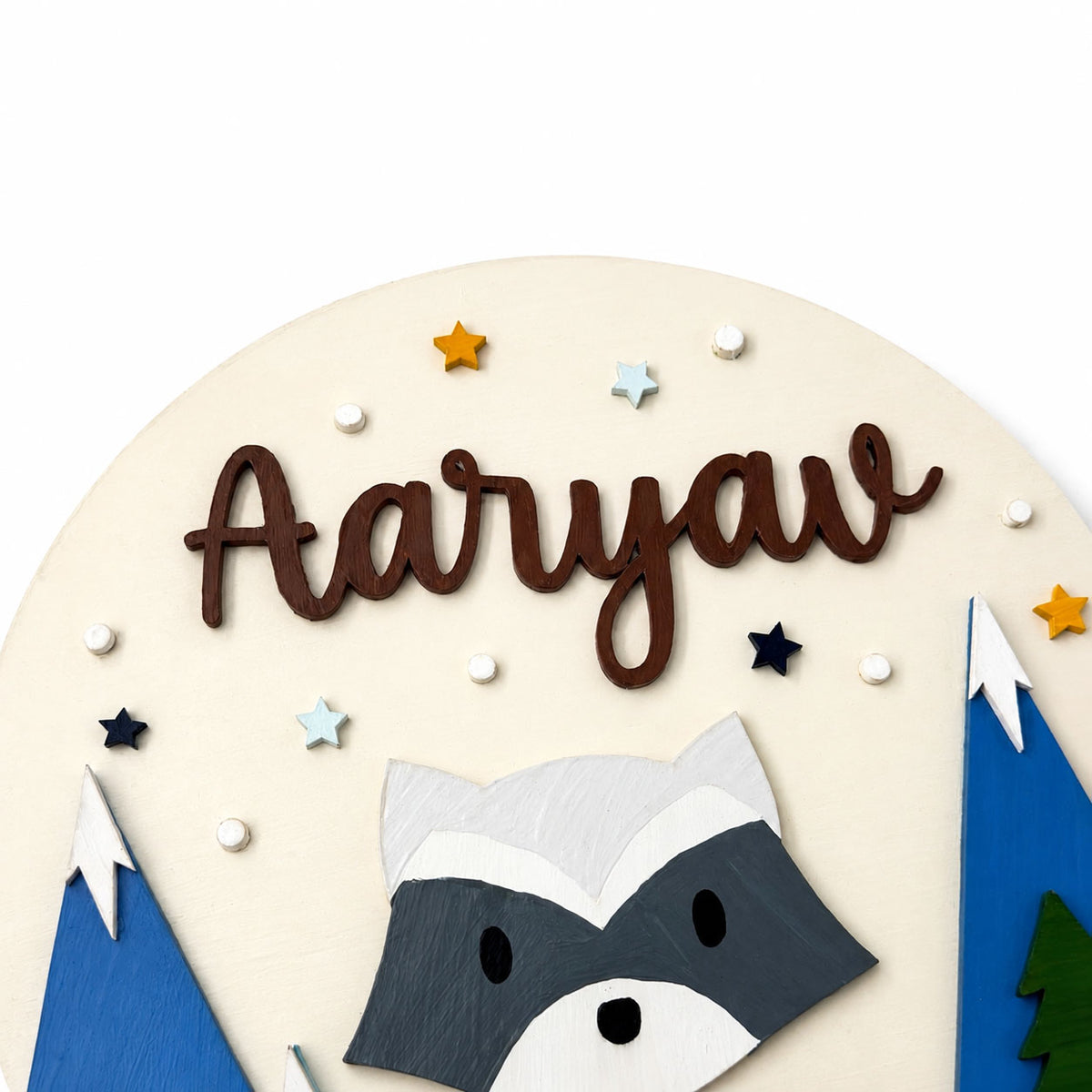 Racoon Themed Hand-Painted Wooden Round Kids Name Plate - Design 2