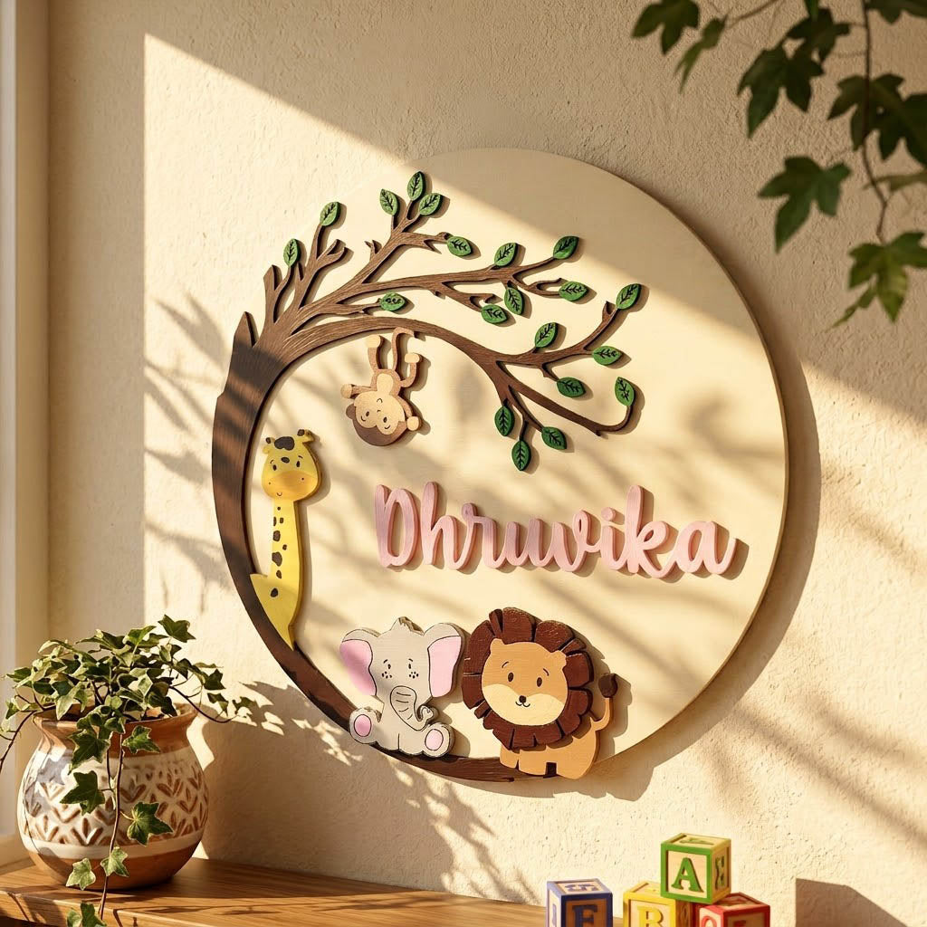 Animal Themed Hand-Painted Wooden Round Kids Name Plate - Design 8