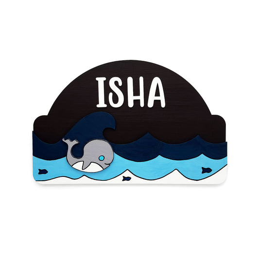 Whale Themed Hand-Painted Wooden Kids Name Plate
