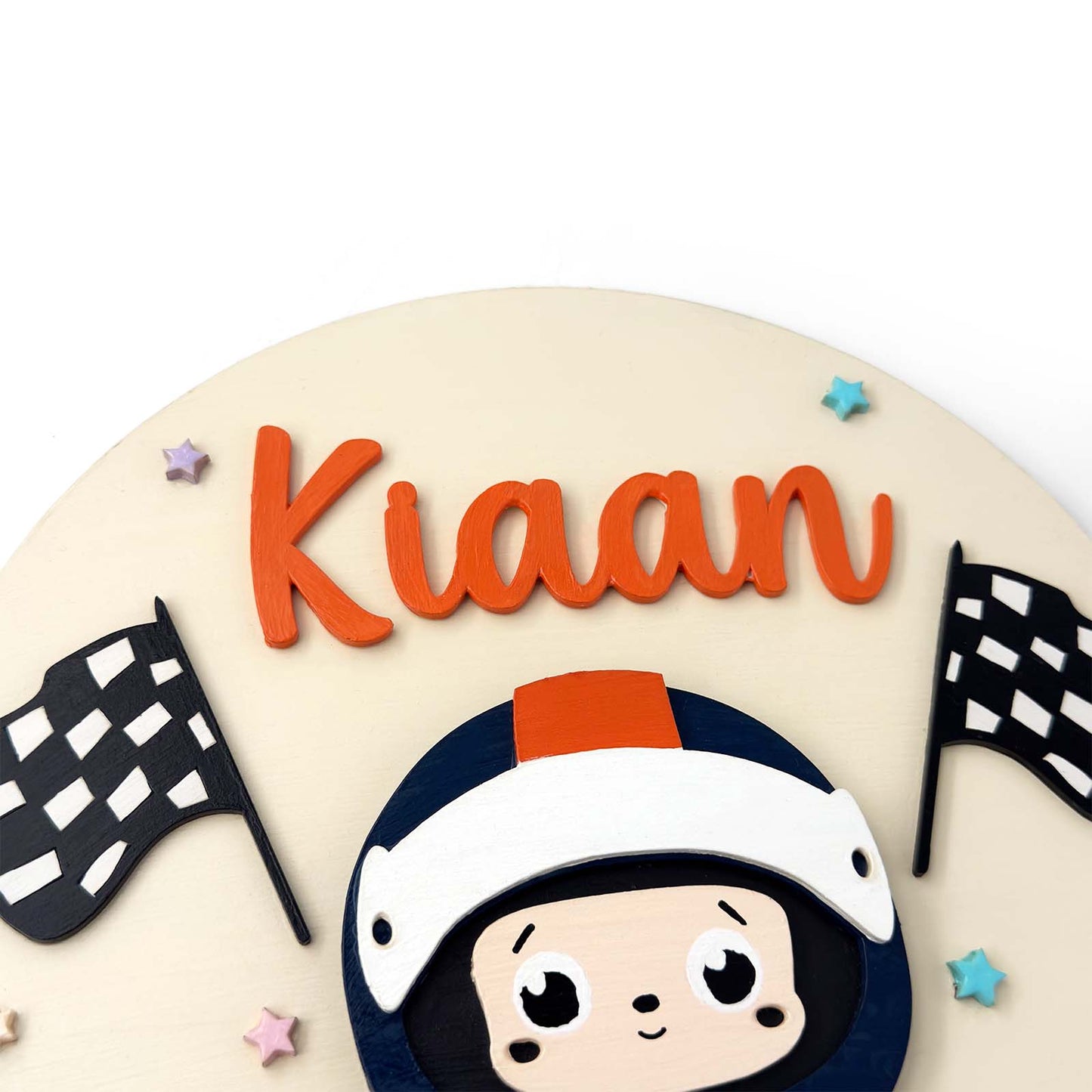 Little Car Racer Themed Hand-Painted Wooden Round Kids Name Plate - Design 1