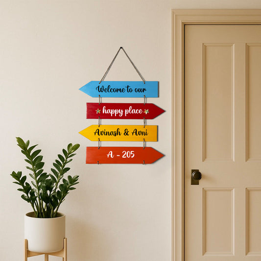 Welcome To Our Happy Place Hand-Painted Wooden Arrow Plank Name Plate For Home - Four Planks