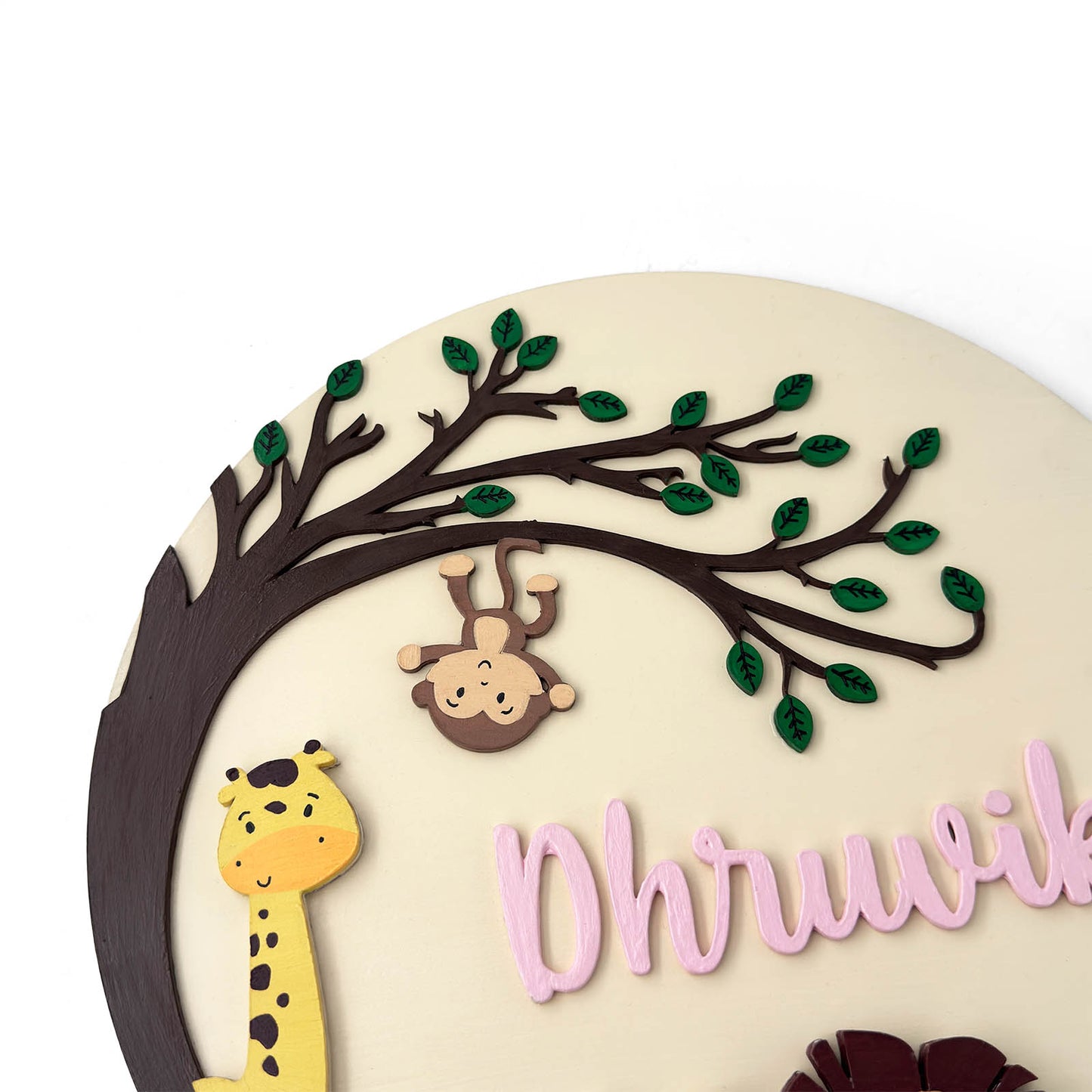 Animal Themed Hand-Painted Wooden Round Kids Name Plate - Design 8
