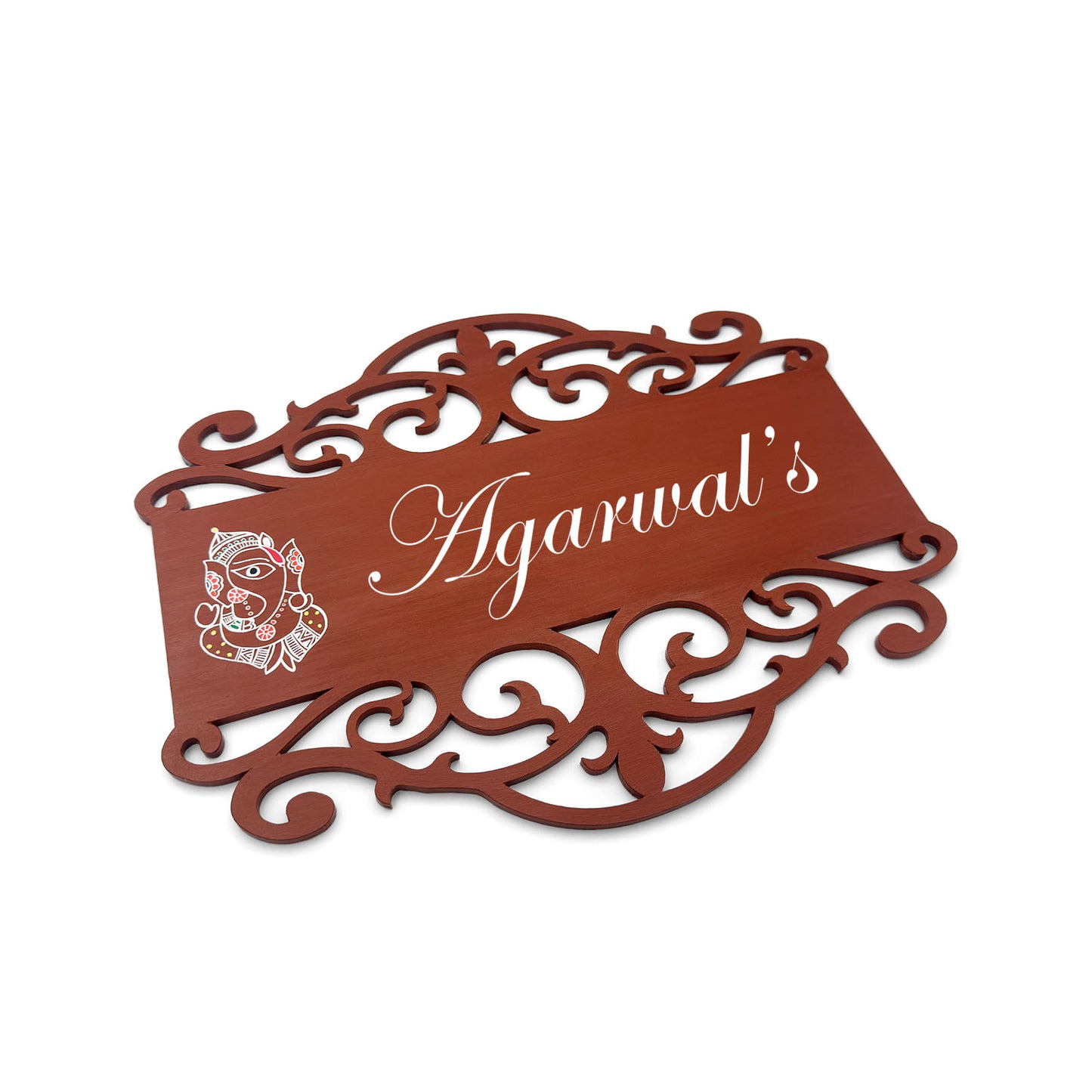 Ganesha Artwork Hand-Painted Wooden Madhubani Name Plate For Home