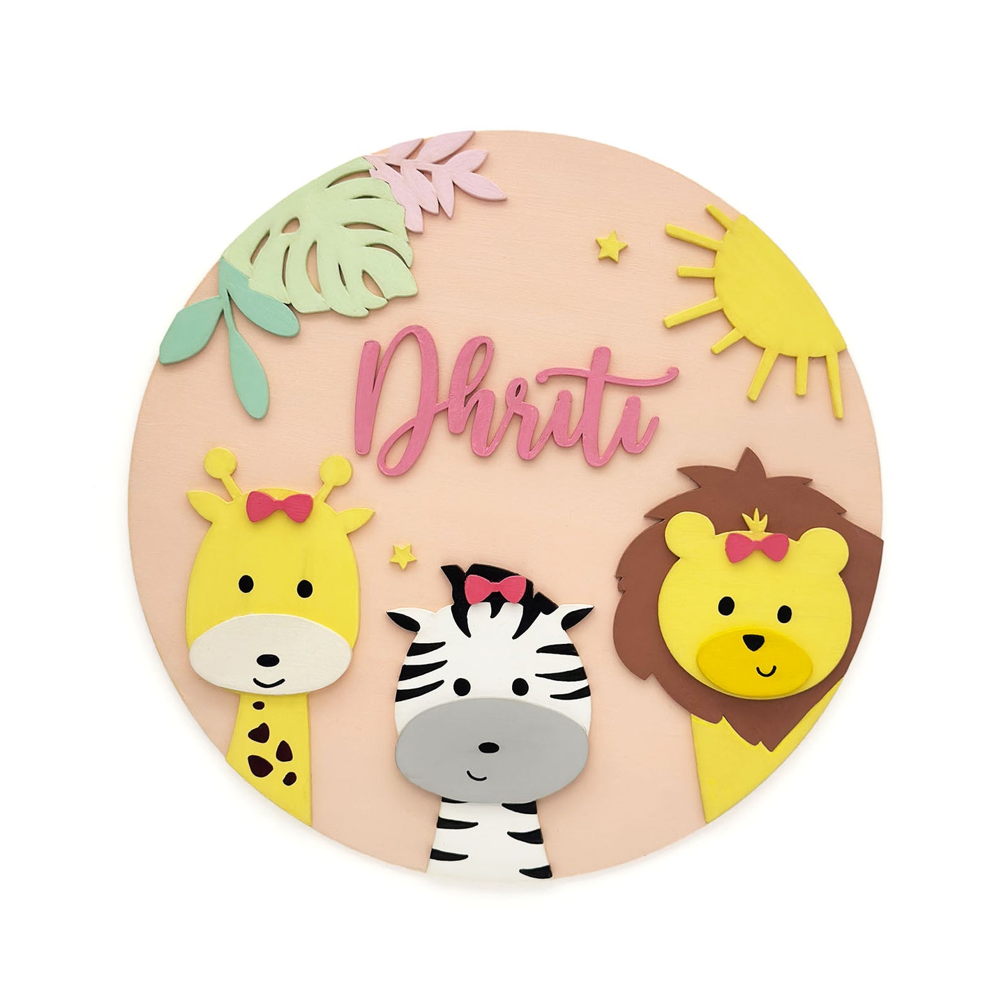 Animal Themed Hand-Painted Wooden Round Kids Name Plate - Design 1