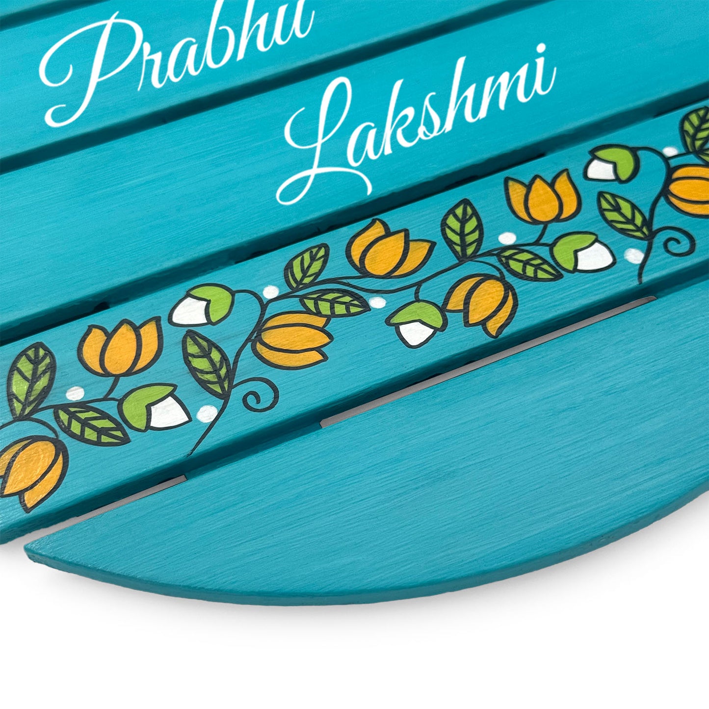 Lotus Creeper Artwork Hand-Painted Wooden Madhubani Round Name Plate For Home