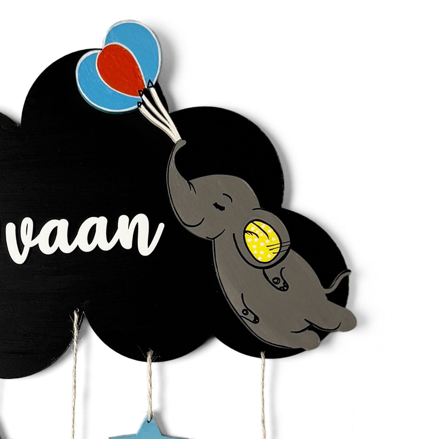 Cloud & Elephant Themed Hand-Painted Wooden Kids Name Plate