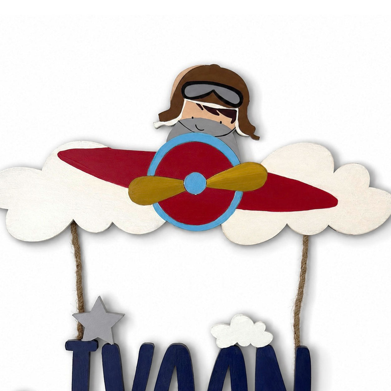 Airplane Pilot Themed Hand-Painted Wooden Kids Name Plate - Design 1