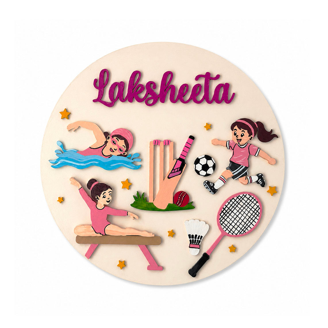 Sports Themed Hand-Painted Wooden Round Kids Name Plate - Design 2